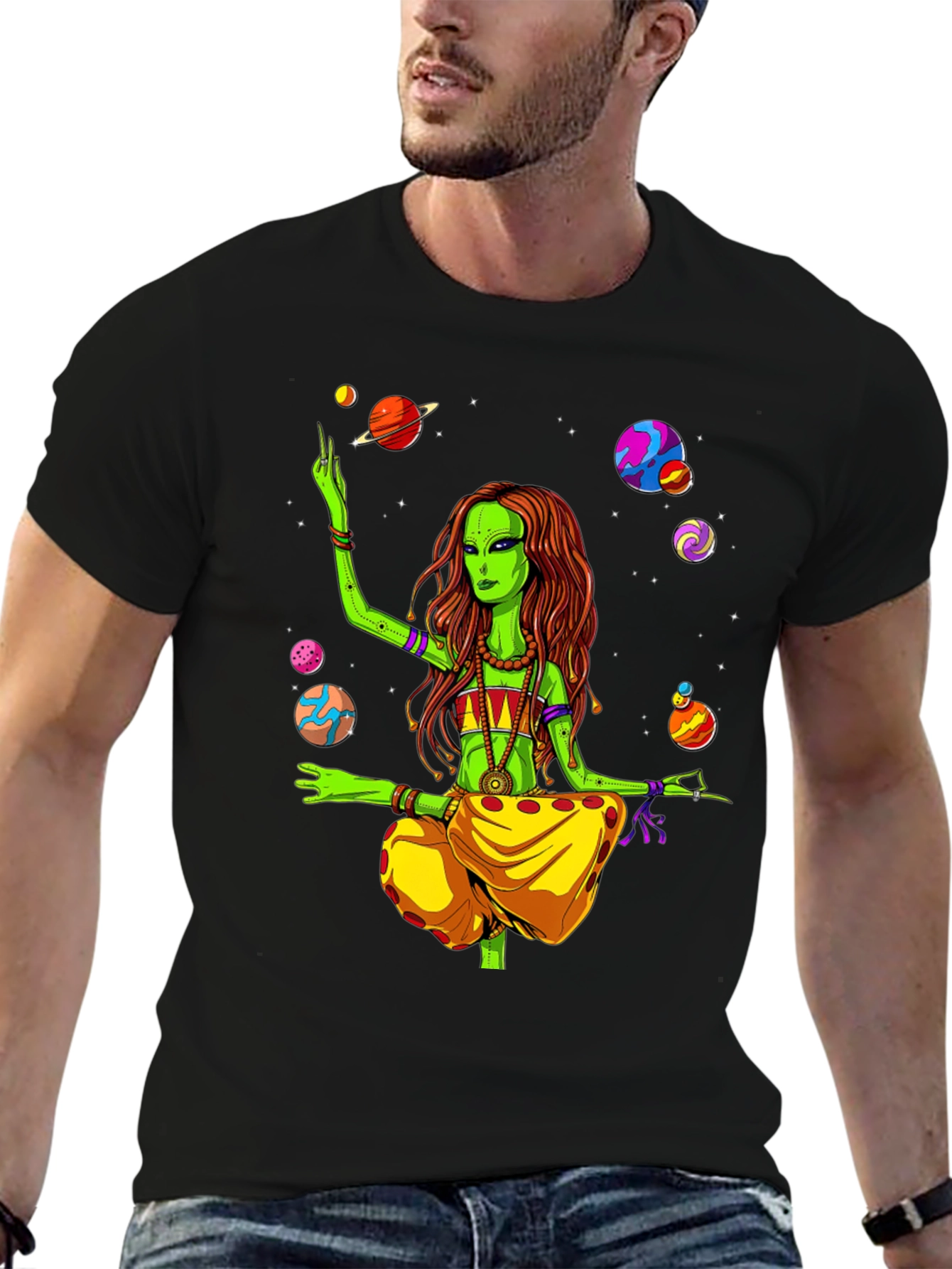 Alien Yoga Planets Graphic T-Shirt