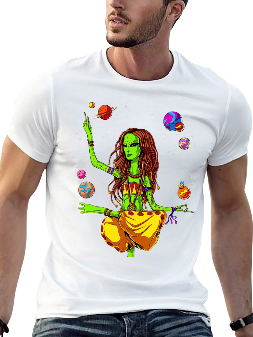Alien Yoga Planets Graphic T-Shirt