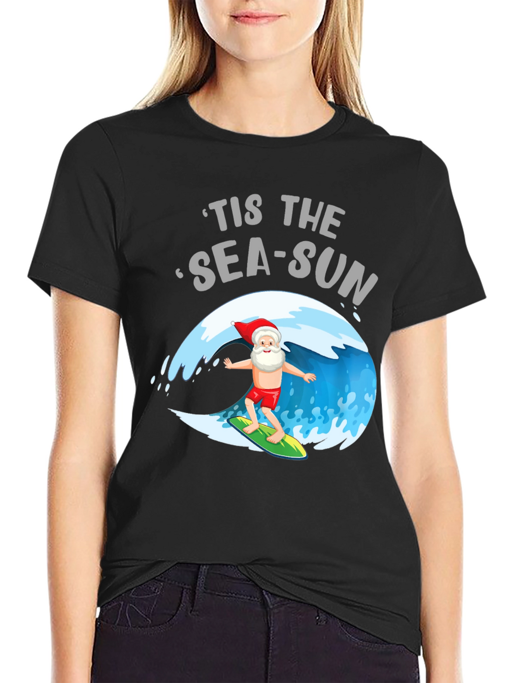 Tis the Sea-Sun Santa Surfing T-Shirt