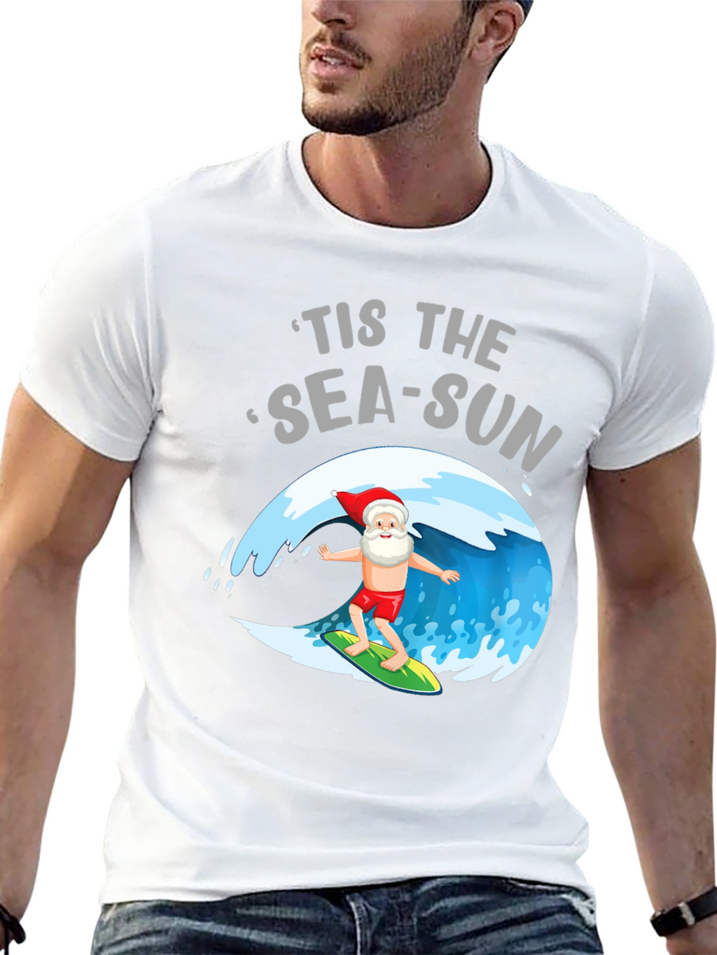 Tis the Sea-Sun Santa Surfing T-Shirt