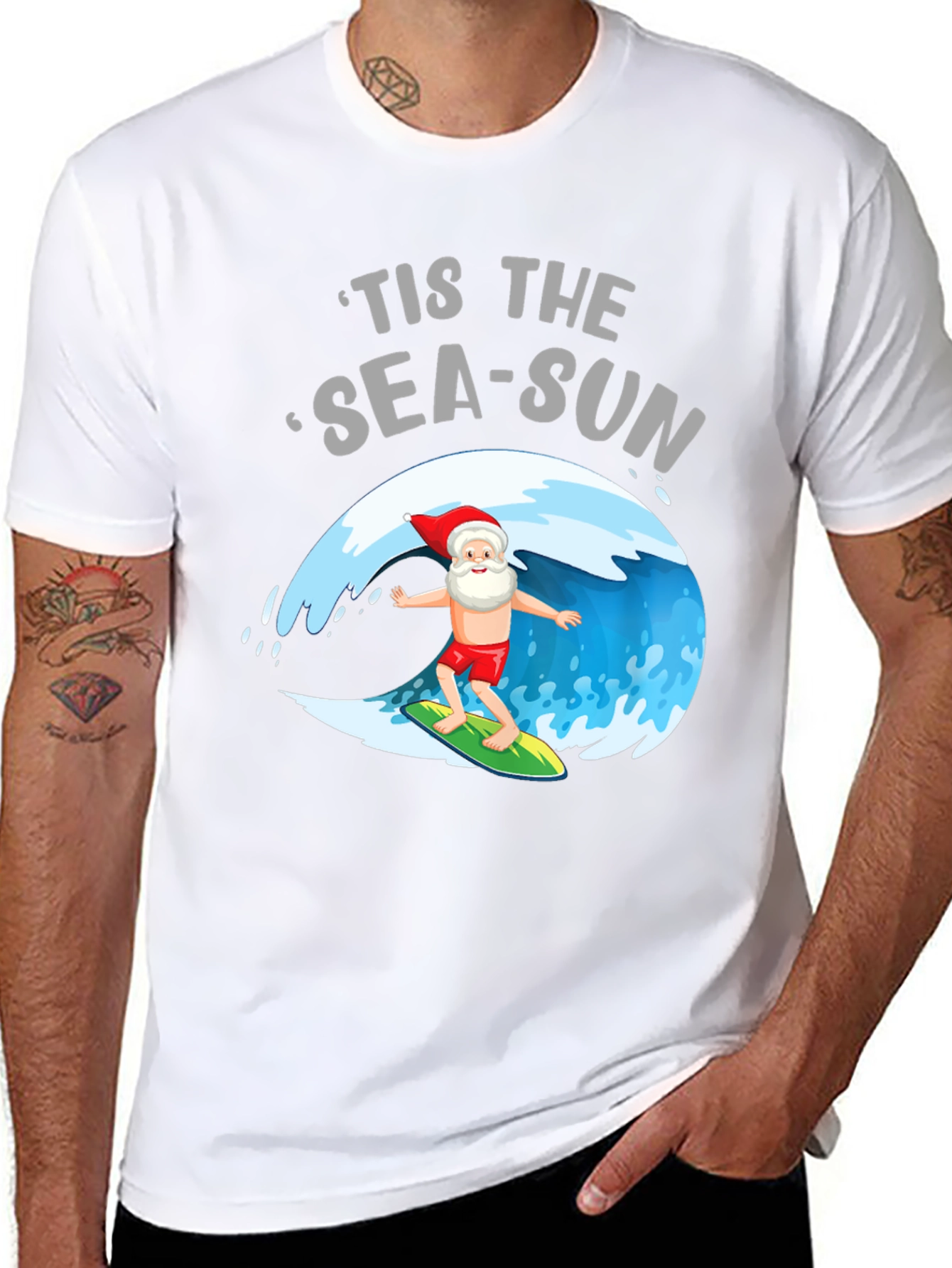 Tis the Sea-Sun Santa Surfing T-Shirt