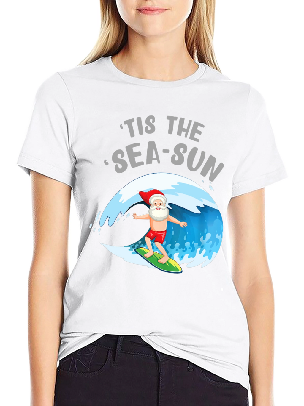 Tis the Sea-Sun Santa Surfing T-Shirt