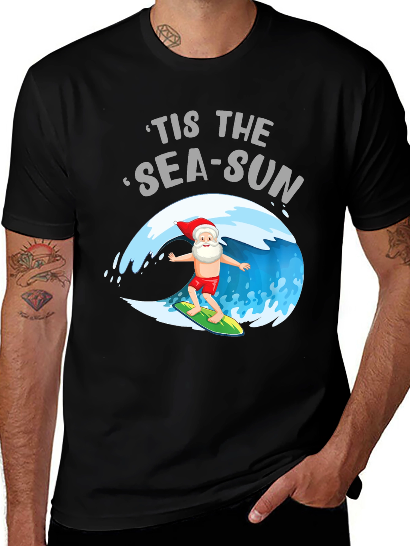 Tis the Sea-Sun Santa Surfing T-Shirt