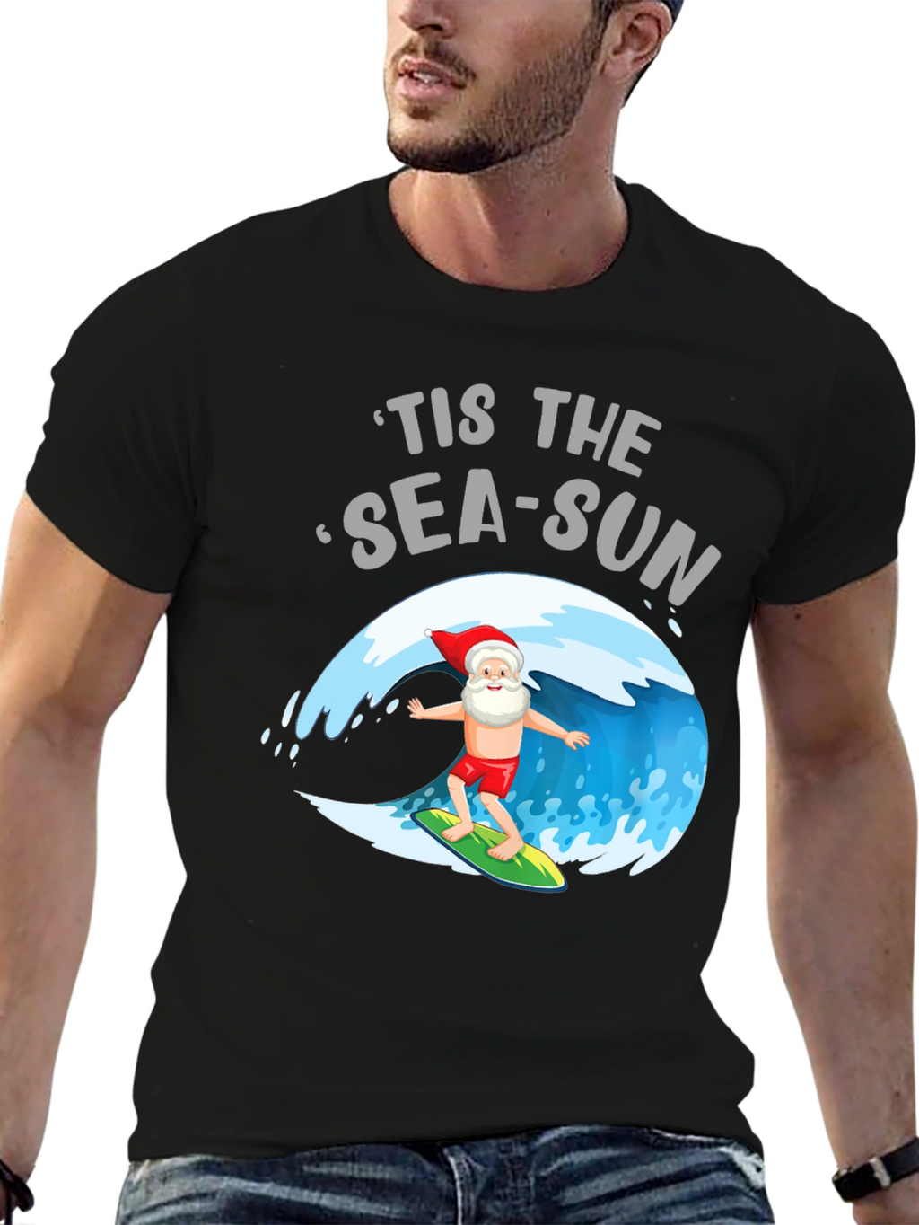 Tis the Sea-Sun Santa Surfing T-Shirt
