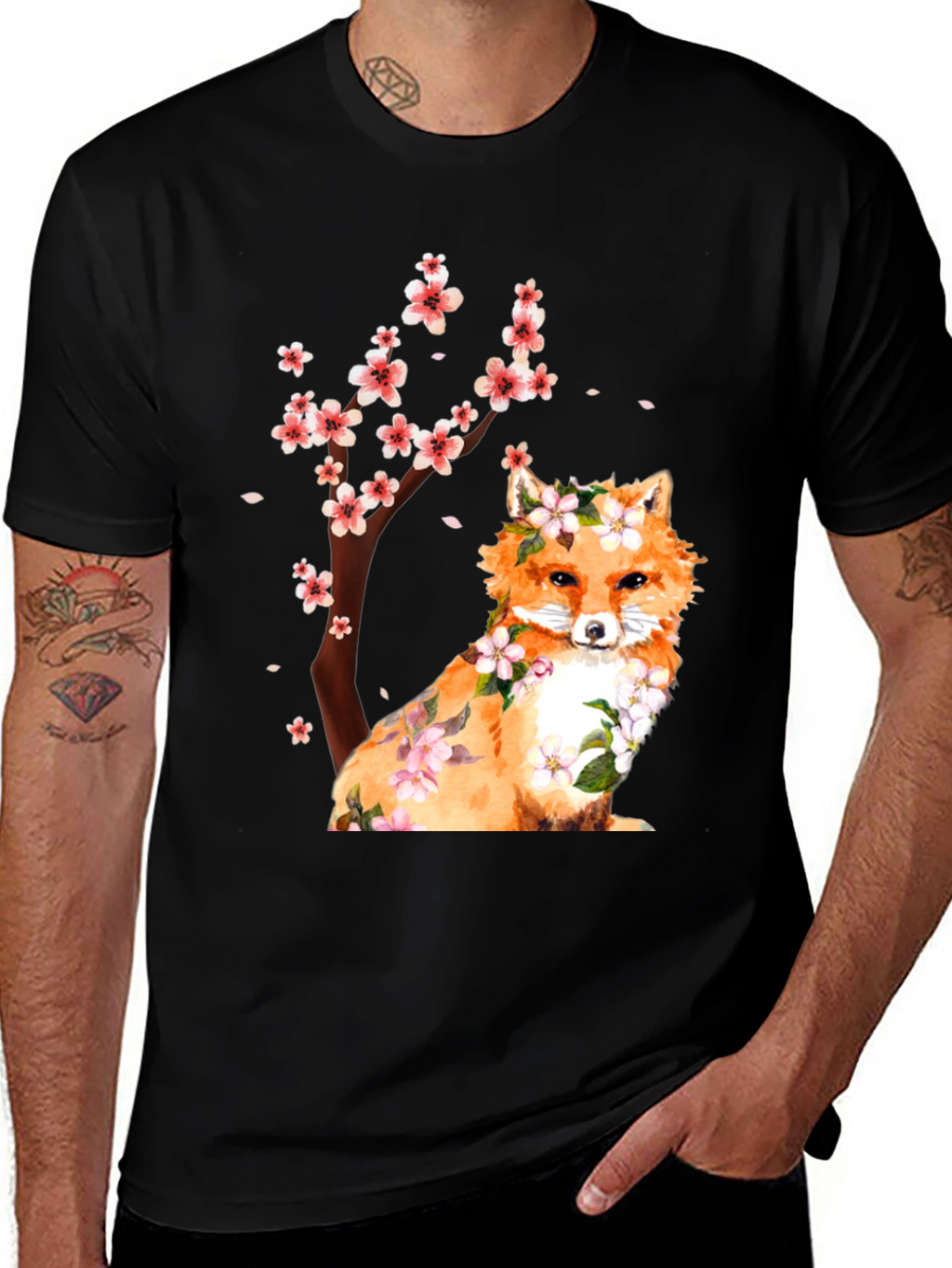 Fox and Cherry Blossom Print T-Shirt