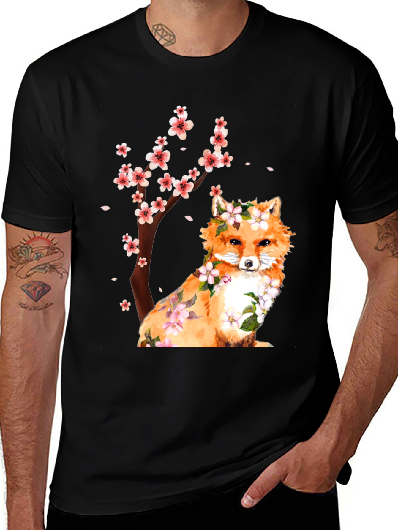 Fox and Cherry Blossom Print T-Shirt