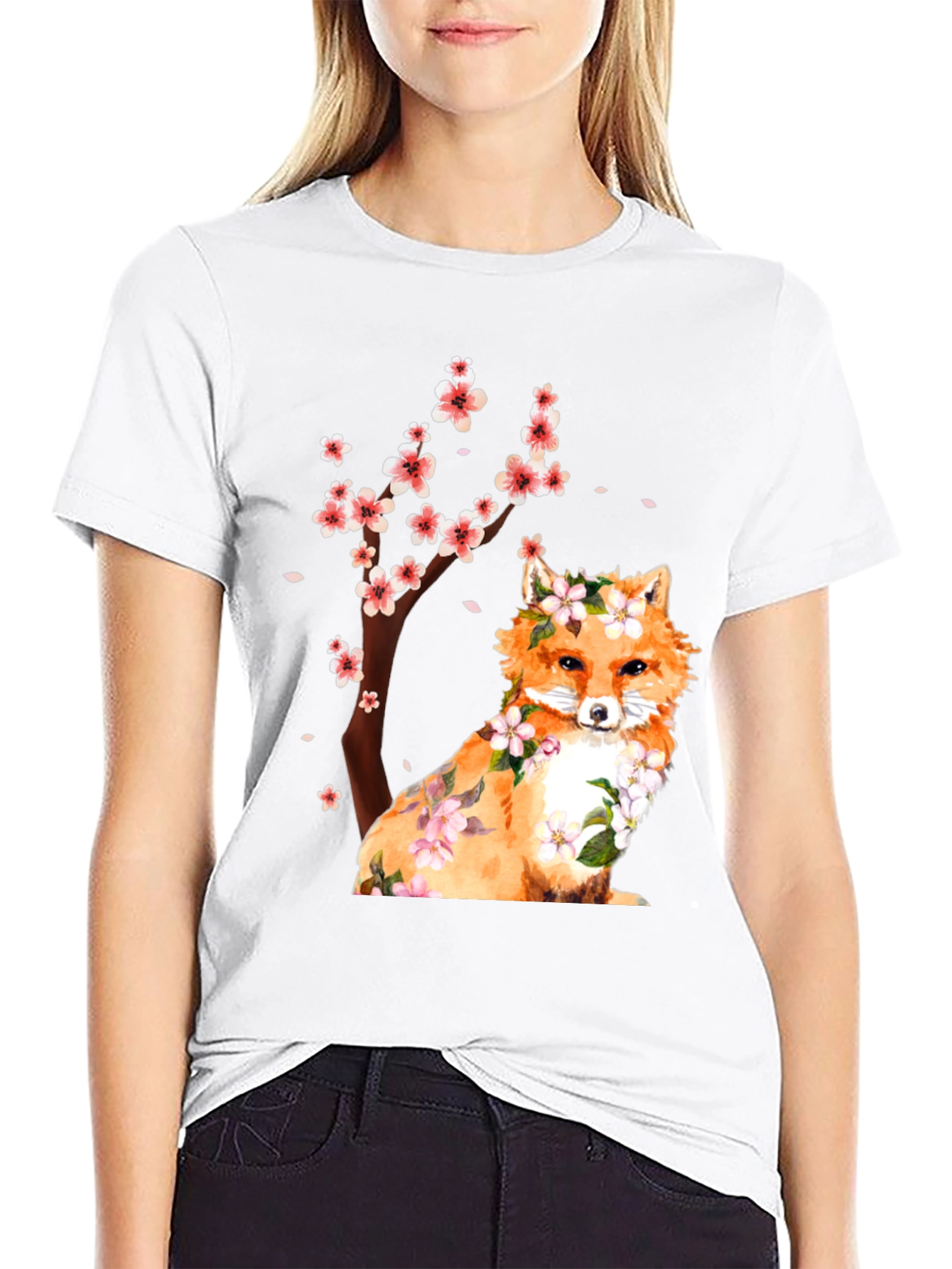 Fox and Cherry Blossom Print T-Shirt