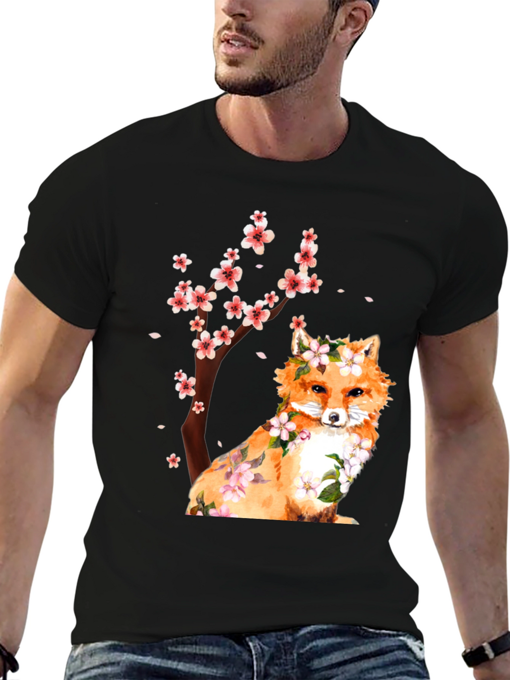 Fox and Cherry Blossom Print T-Shirt