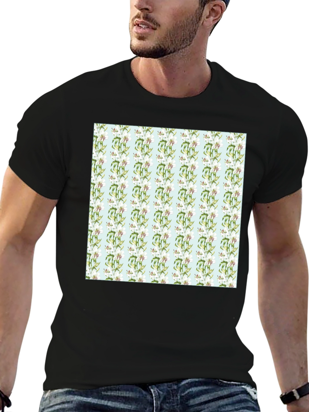 Floral Pattern Mens Black Tee