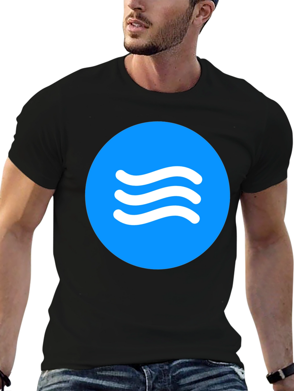 Blue Circle Waves Graphic Black T-Shirt