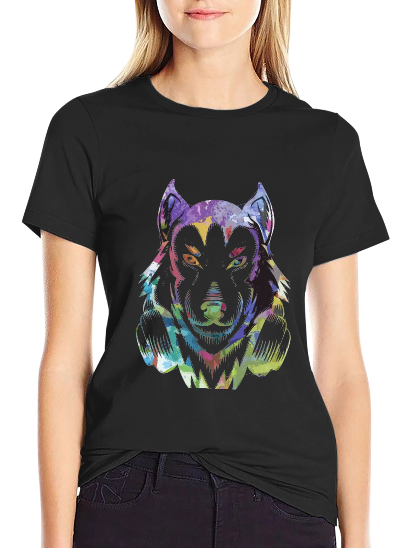 Colorful Wolf Graphic Tee - Mens Black T-Shirt