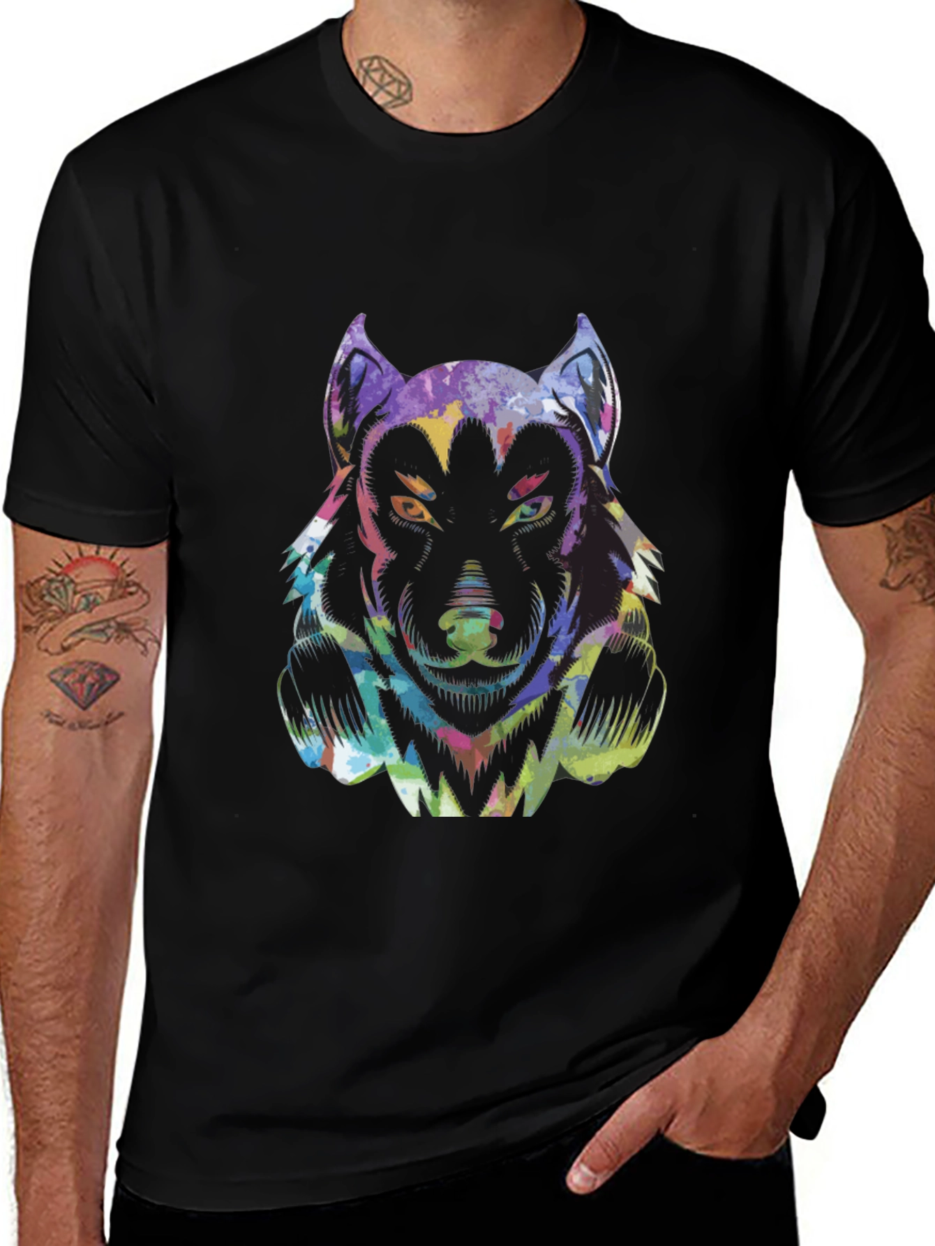 Colorful Wolf Graphic Tee - Mens Black T-Shirt