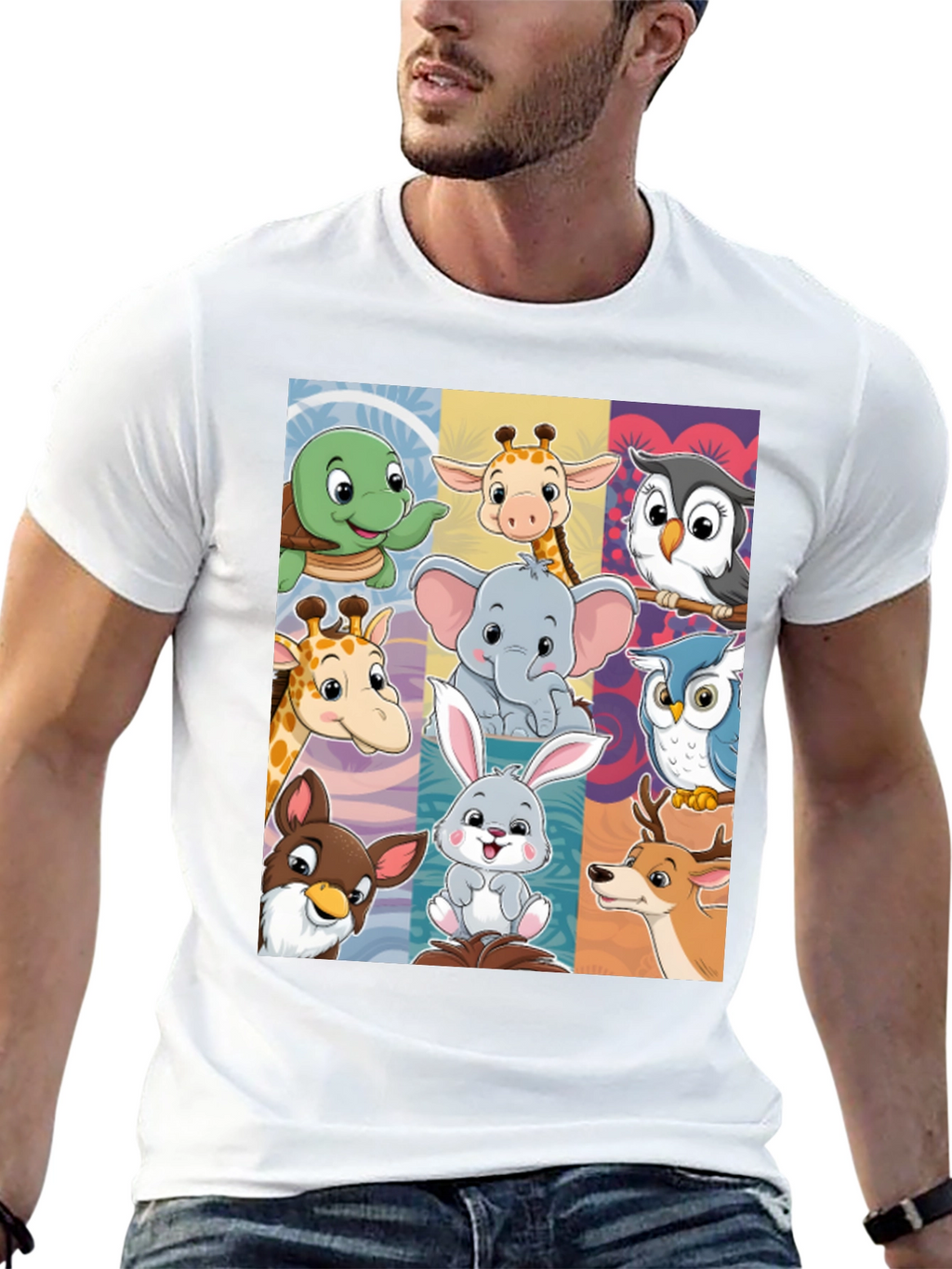 Cartoon Animal Collage Black T-Shirt