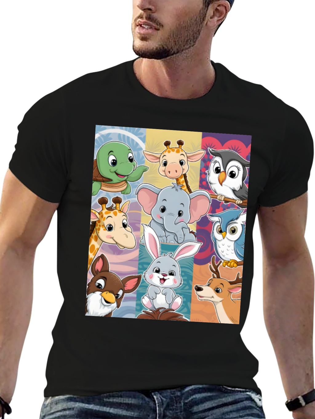 Cartoon Animal Collage Black T-Shirt