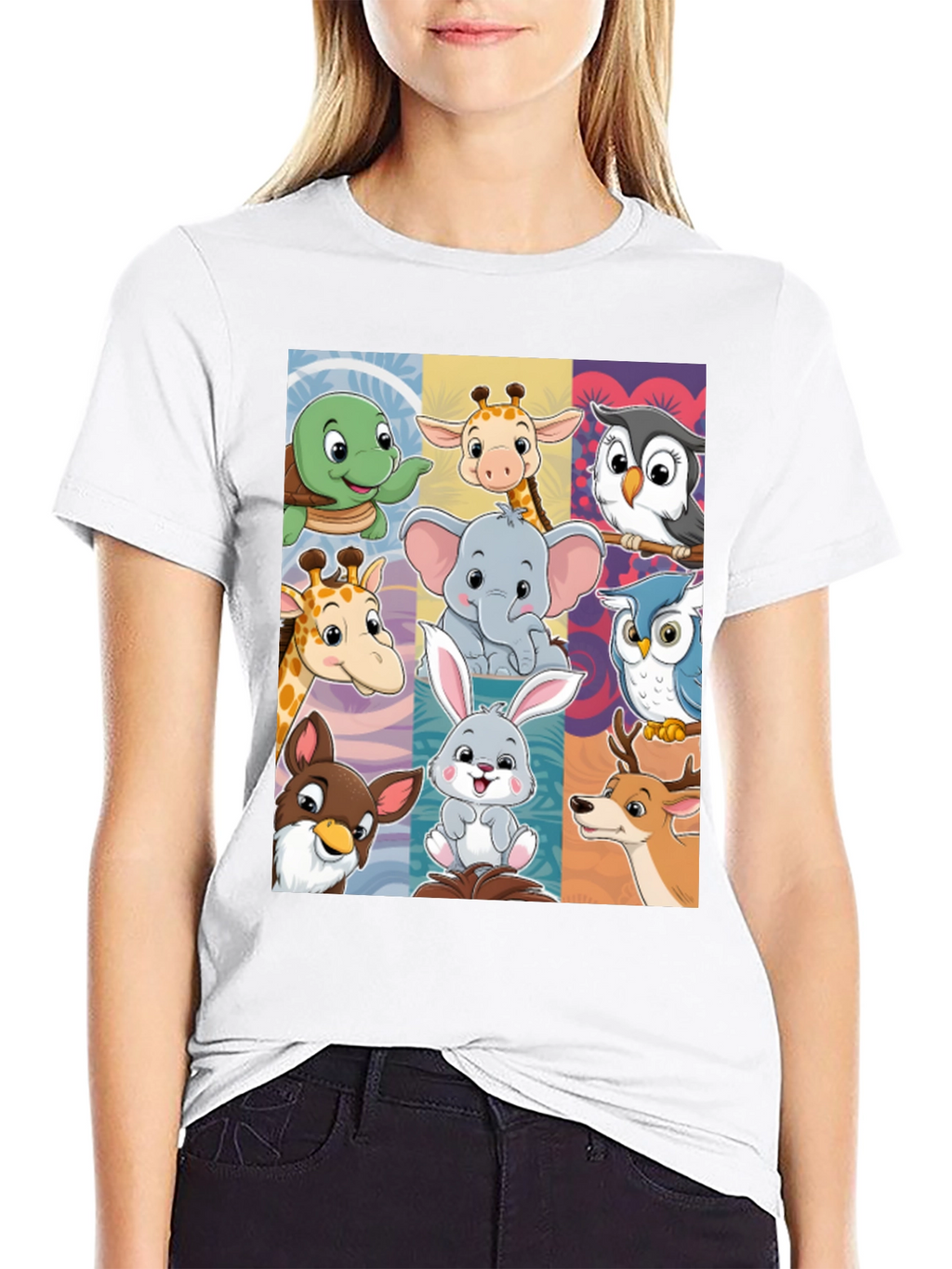 Cartoon Animal Collage Black T-Shirt