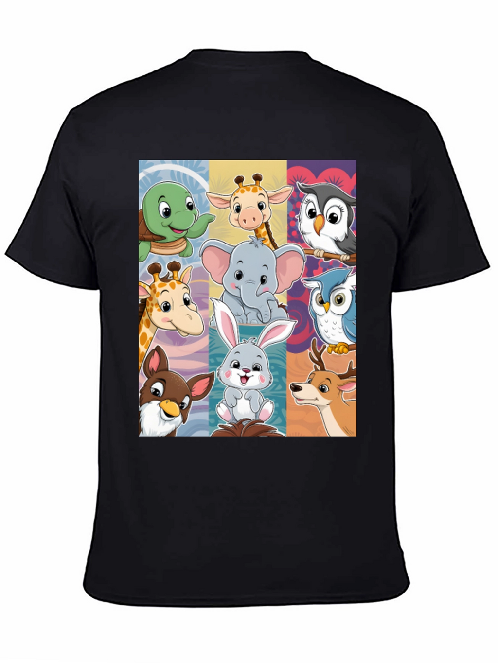 Cartoon Animal Collage Black T-Shirt