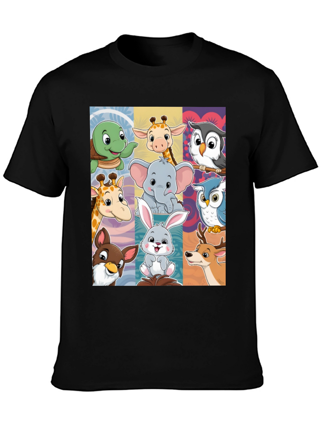 Cartoon Animal Collage Black T-Shirt