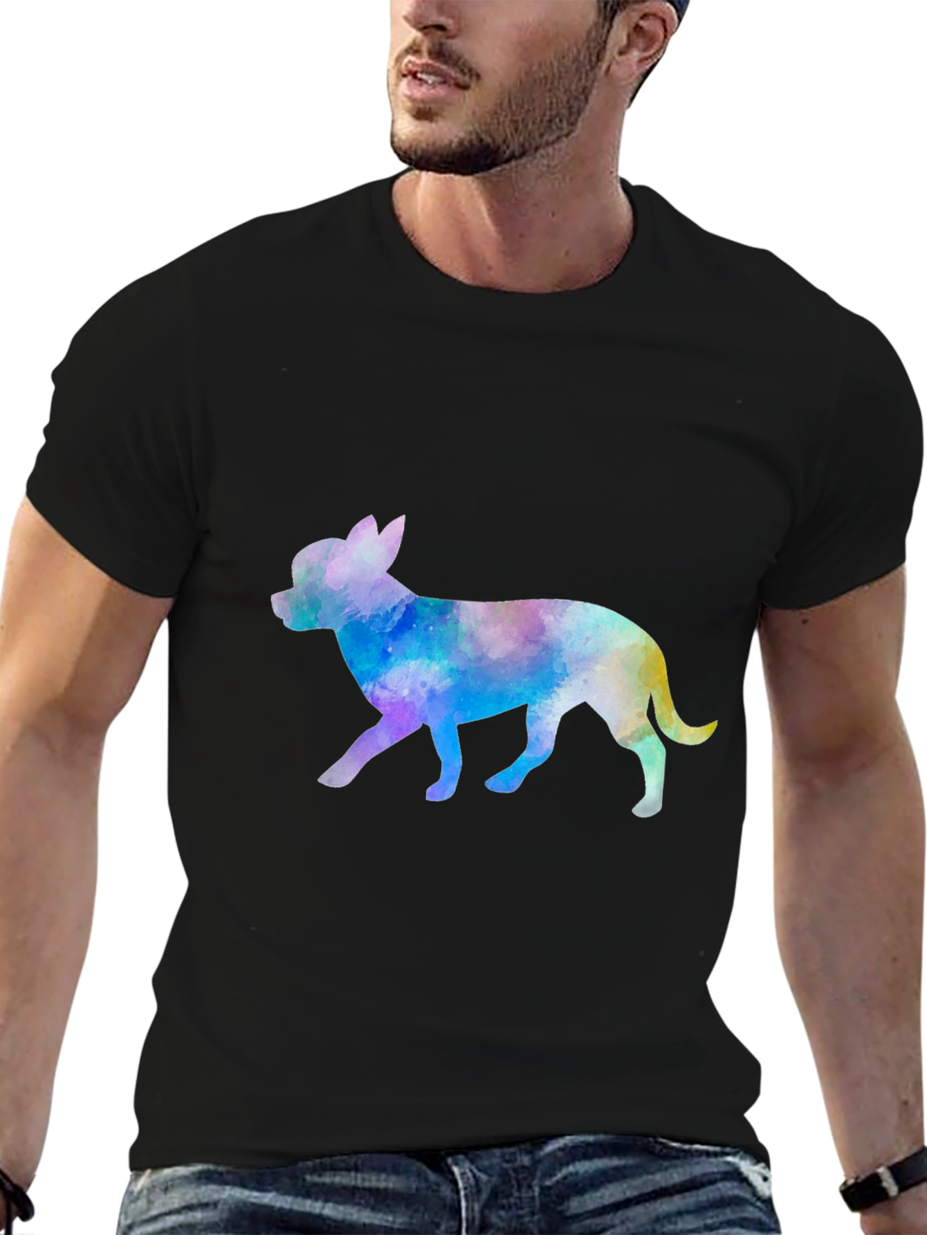 Watercolor Chihuahua Dog Graphic Mens Black Tee