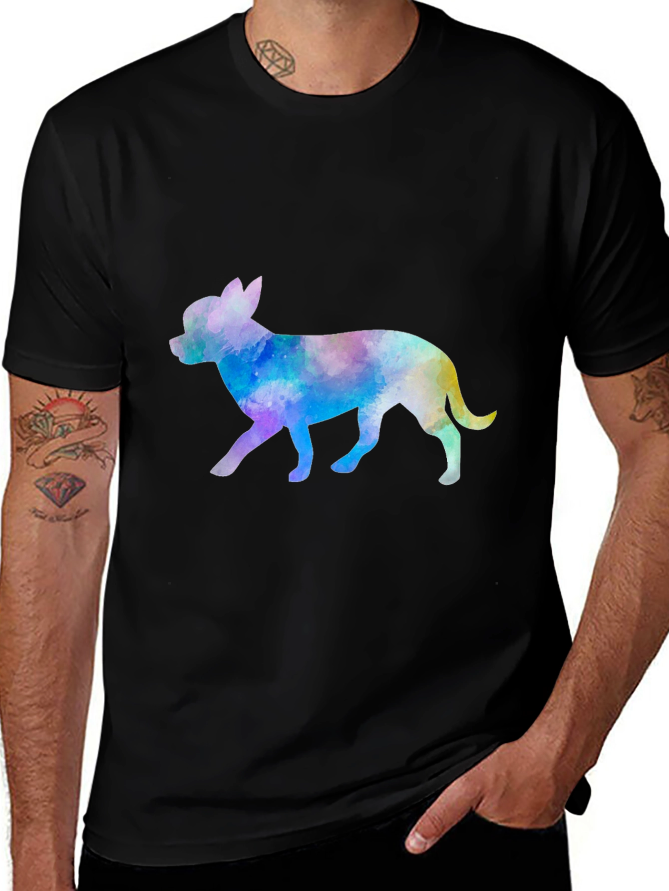 Watercolor Chihuahua Dog Graphic Mens Black Tee