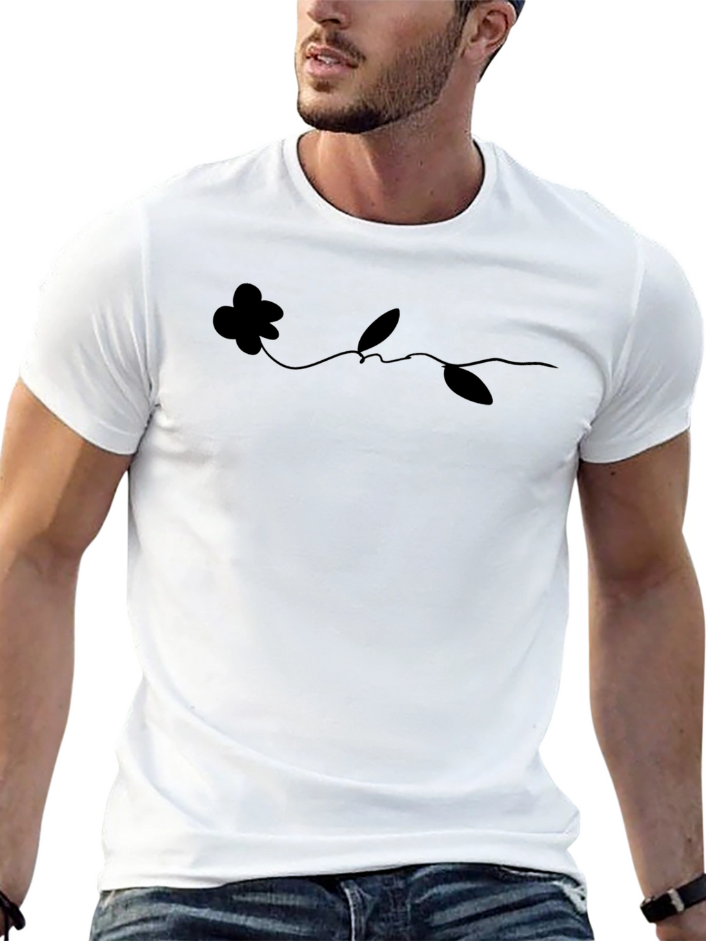 Minimalist Flower Line Art Black T-Shirt