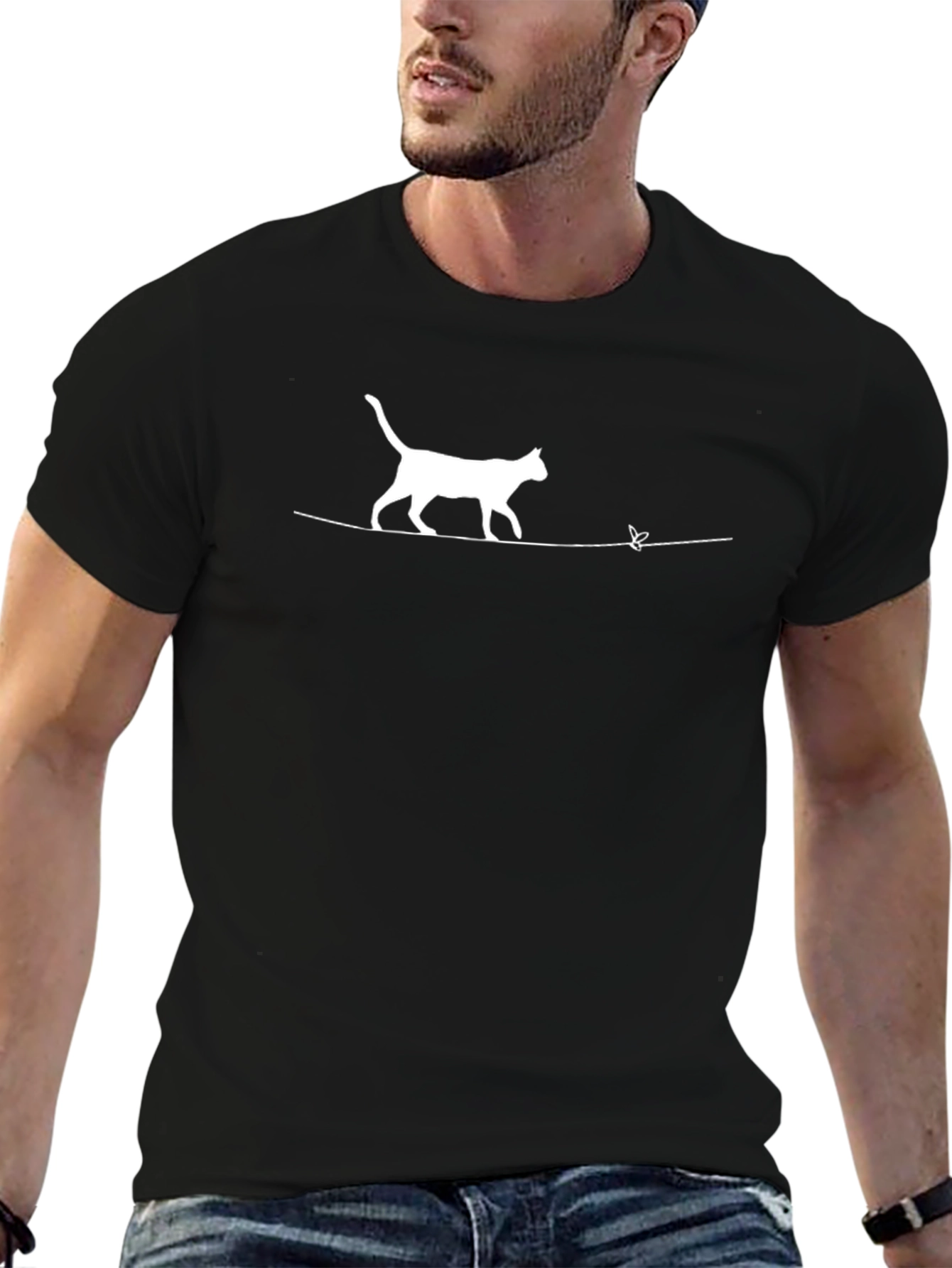 Cat & Butterfly Graphic Tee - Mens Black T-Shirt