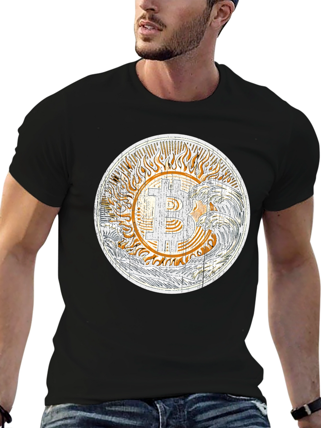 Bitcoin Sun & Waves Graphic T-Shirt - Black