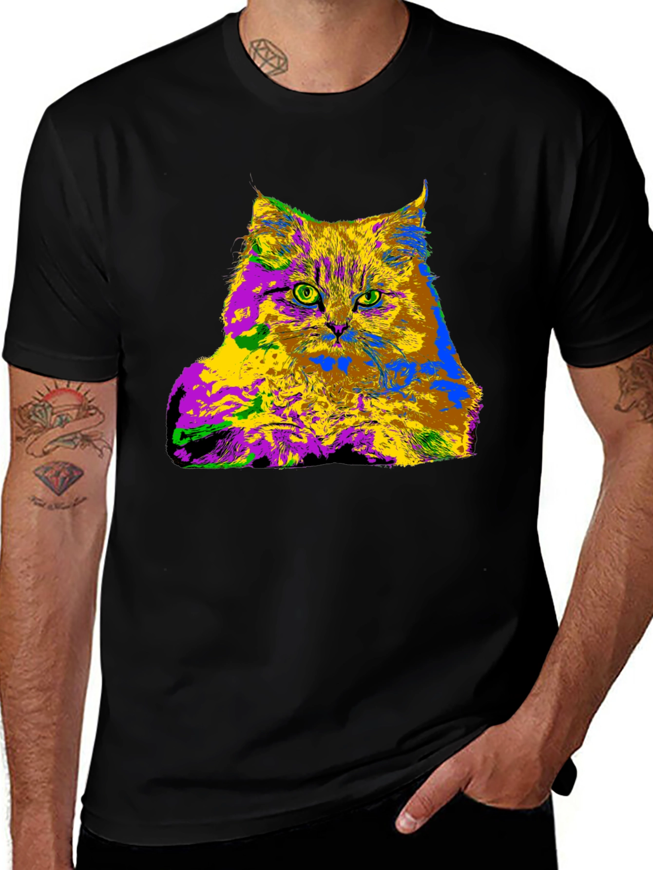 Psychedelic Cat Graphic Tee - Unique Colorful Design