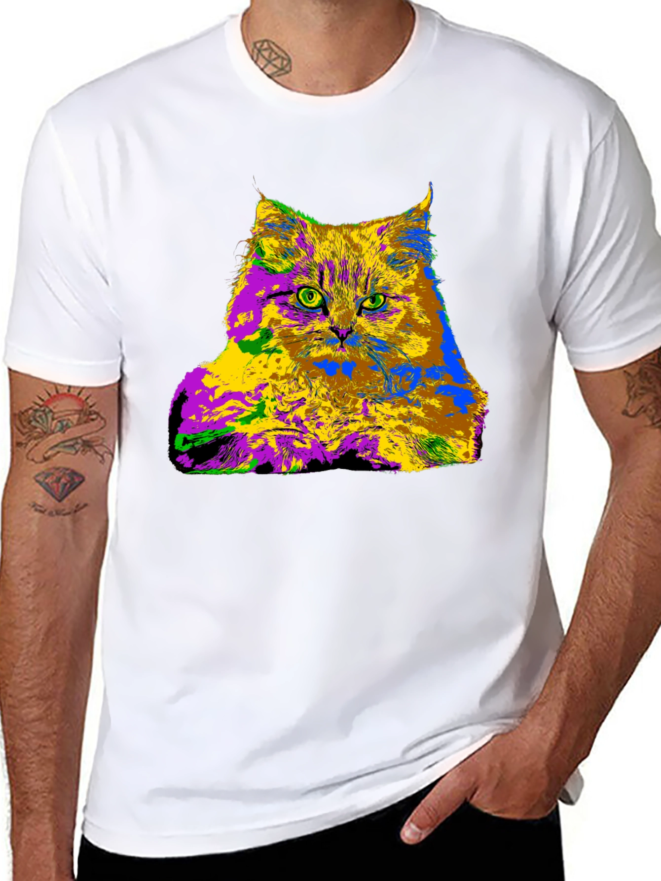 Psychedelic Cat Graphic Tee - Unique Colorful Design
