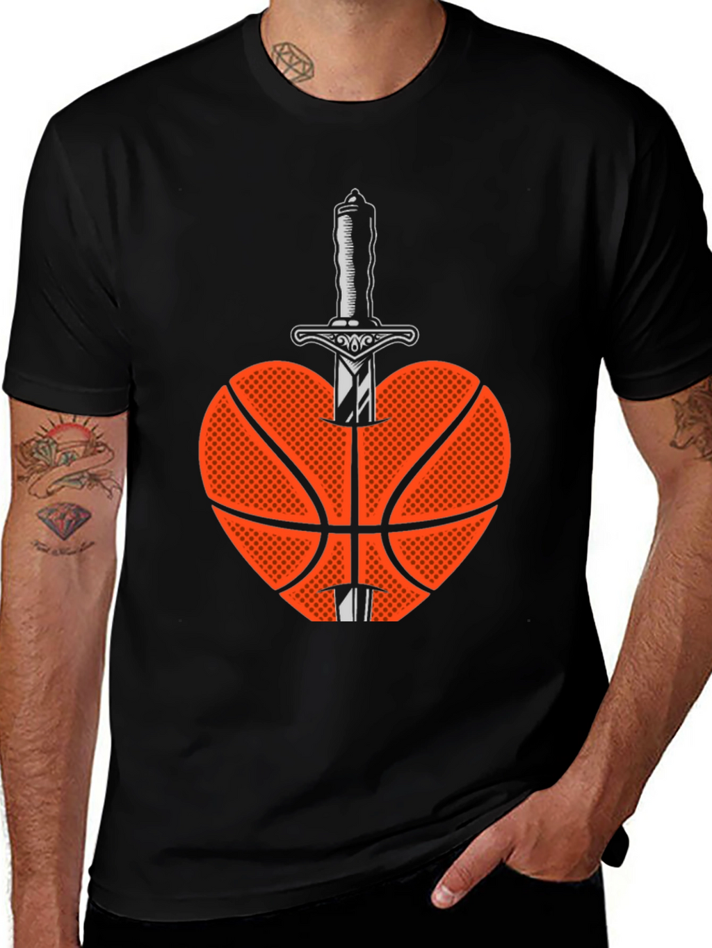 Basketball Heart & Sword Graphic T-Shirt - Black