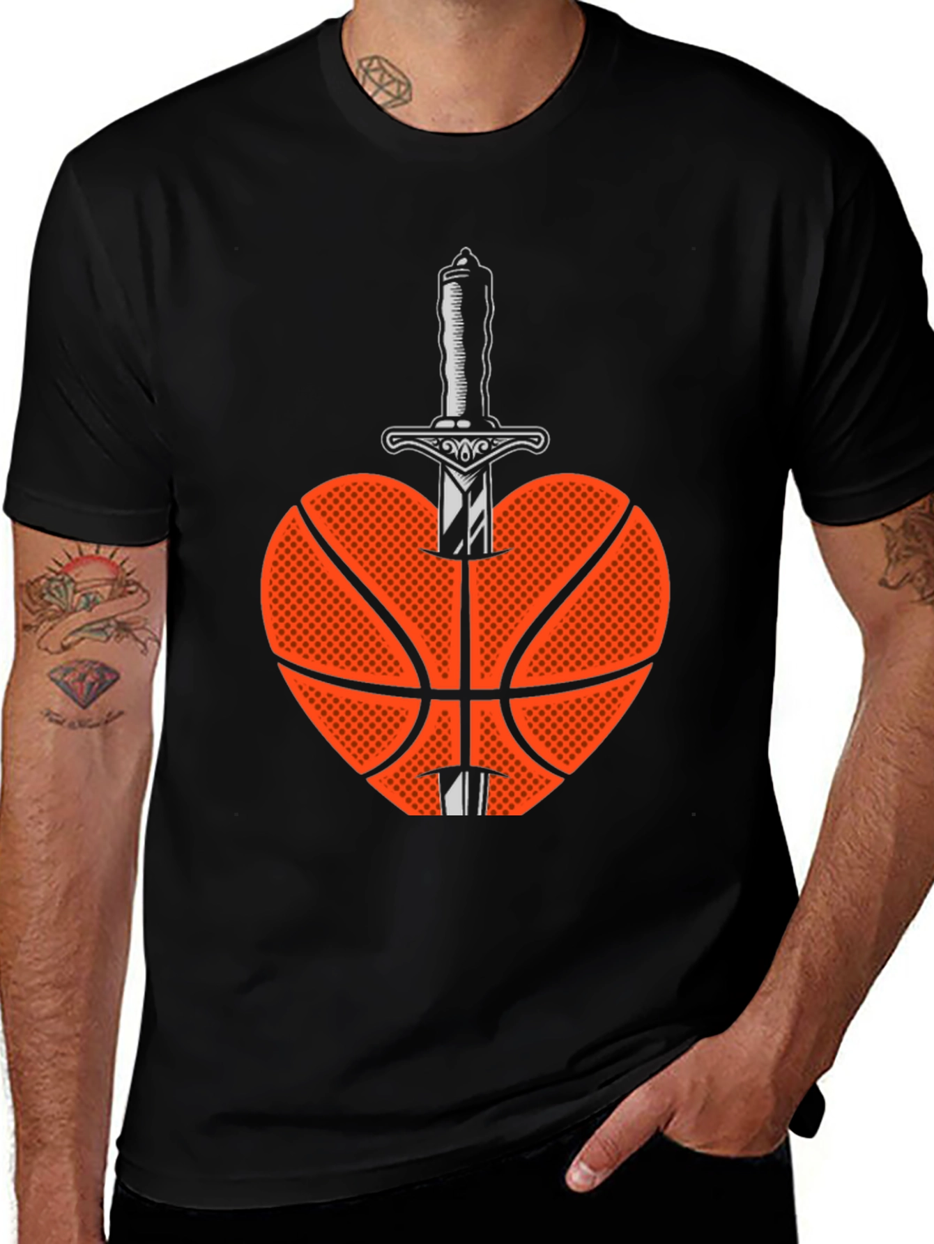 Basketball Heart & Sword Graphic T-Shirt - Black