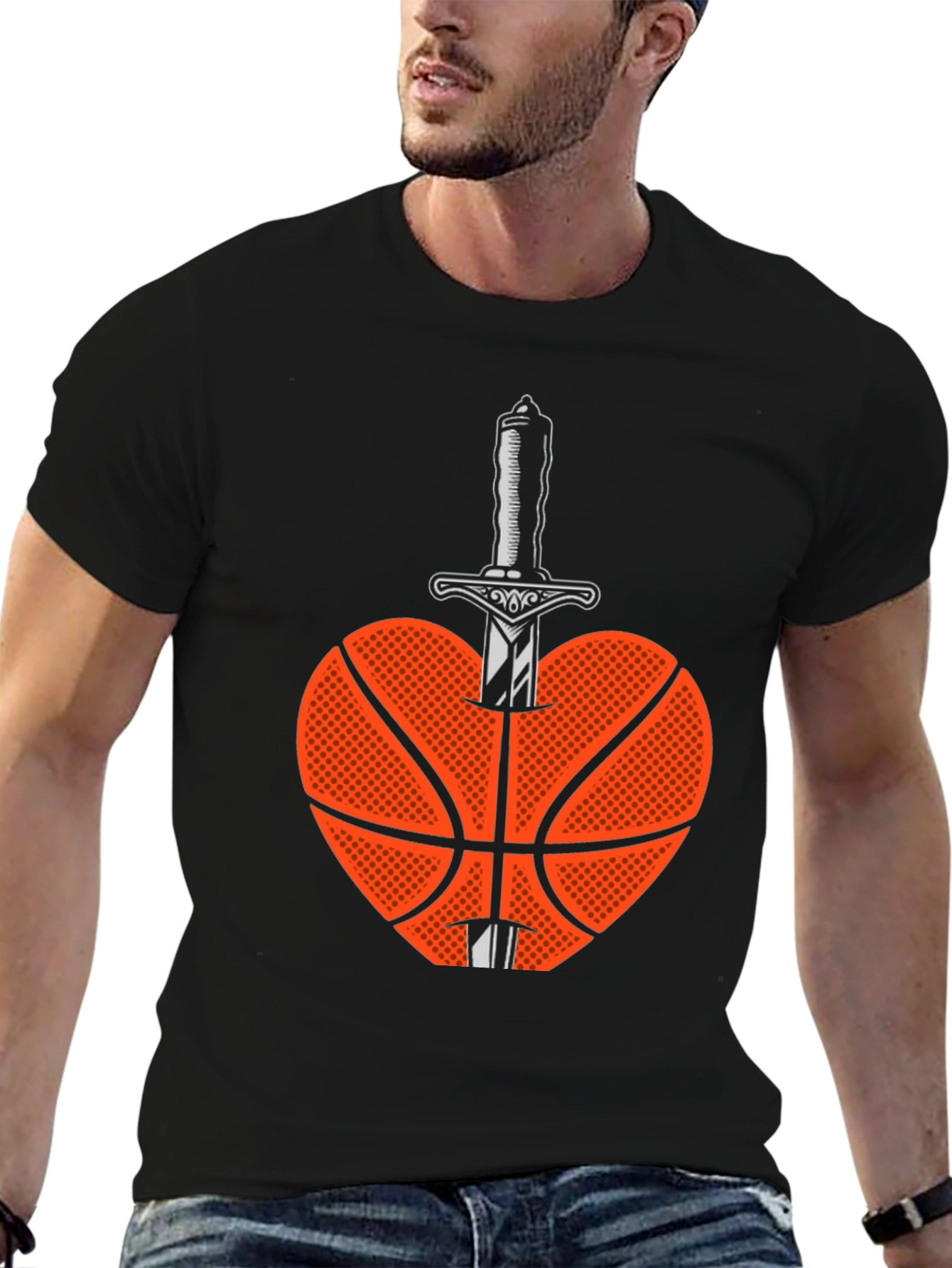 Basketball Heart & Sword Graphic T-Shirt - Black