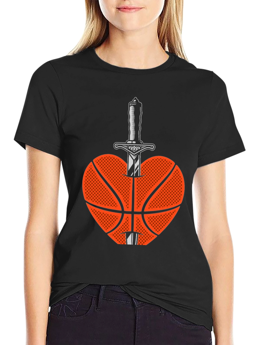 Basketball Heart & Sword Graphic T-Shirt - Black