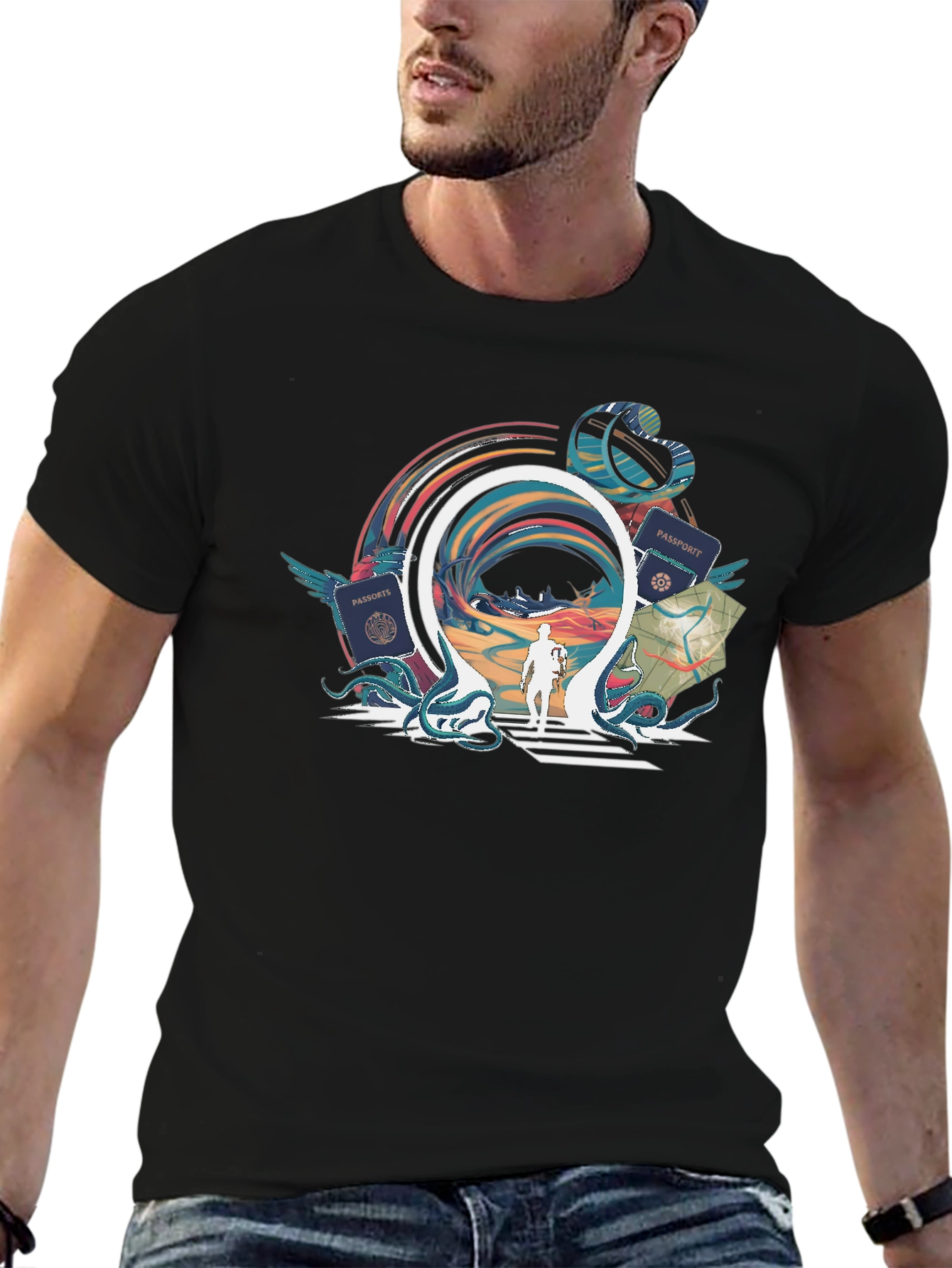 Portal Traveler Graphic Tee - Stylish Black T-Shirt