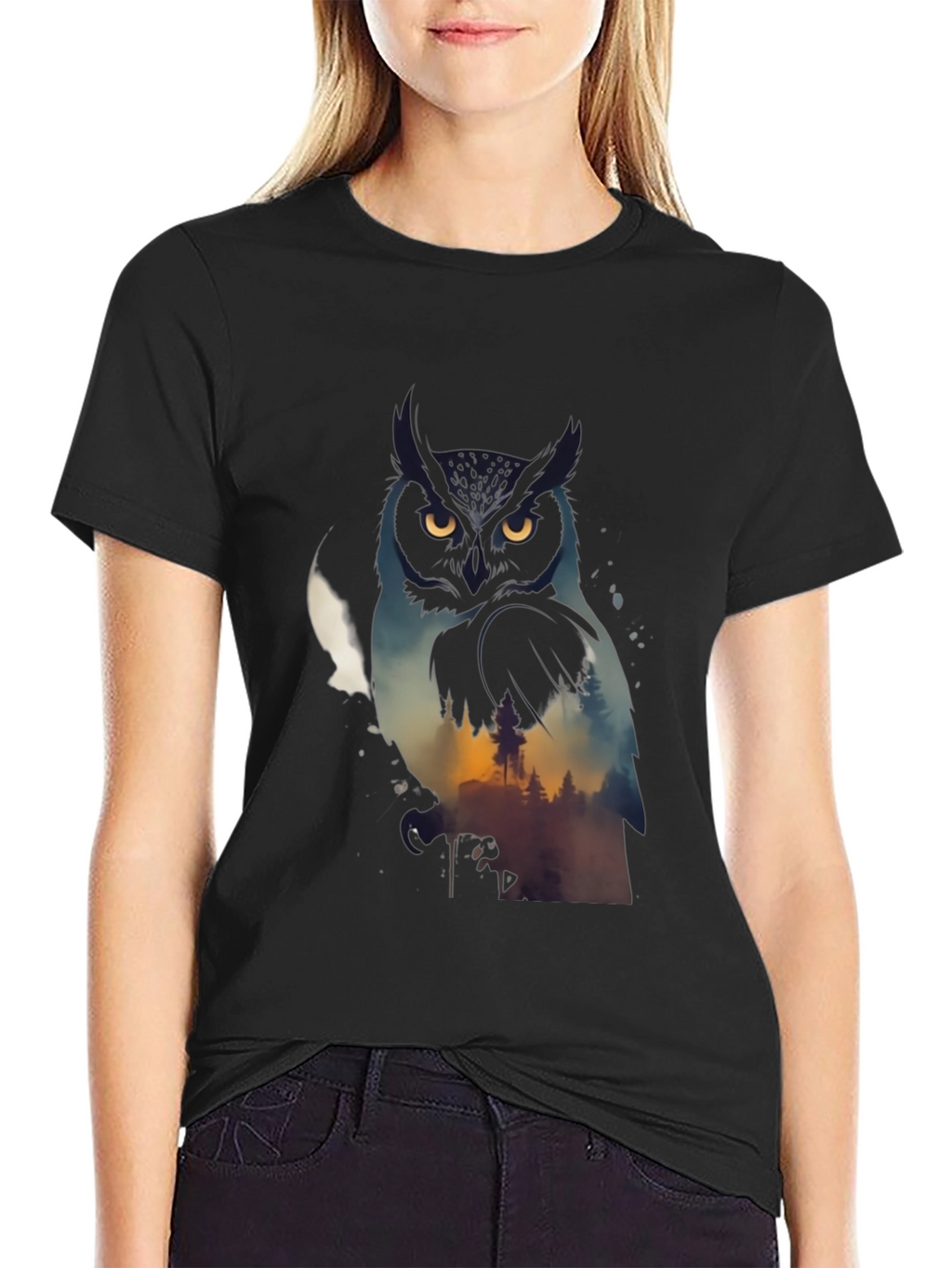 Owl & Forest Graphic Black T-Shirt