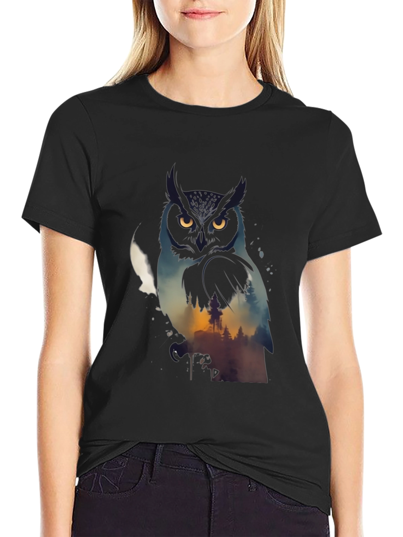 Owl & Forest Graphic Black T-Shirt