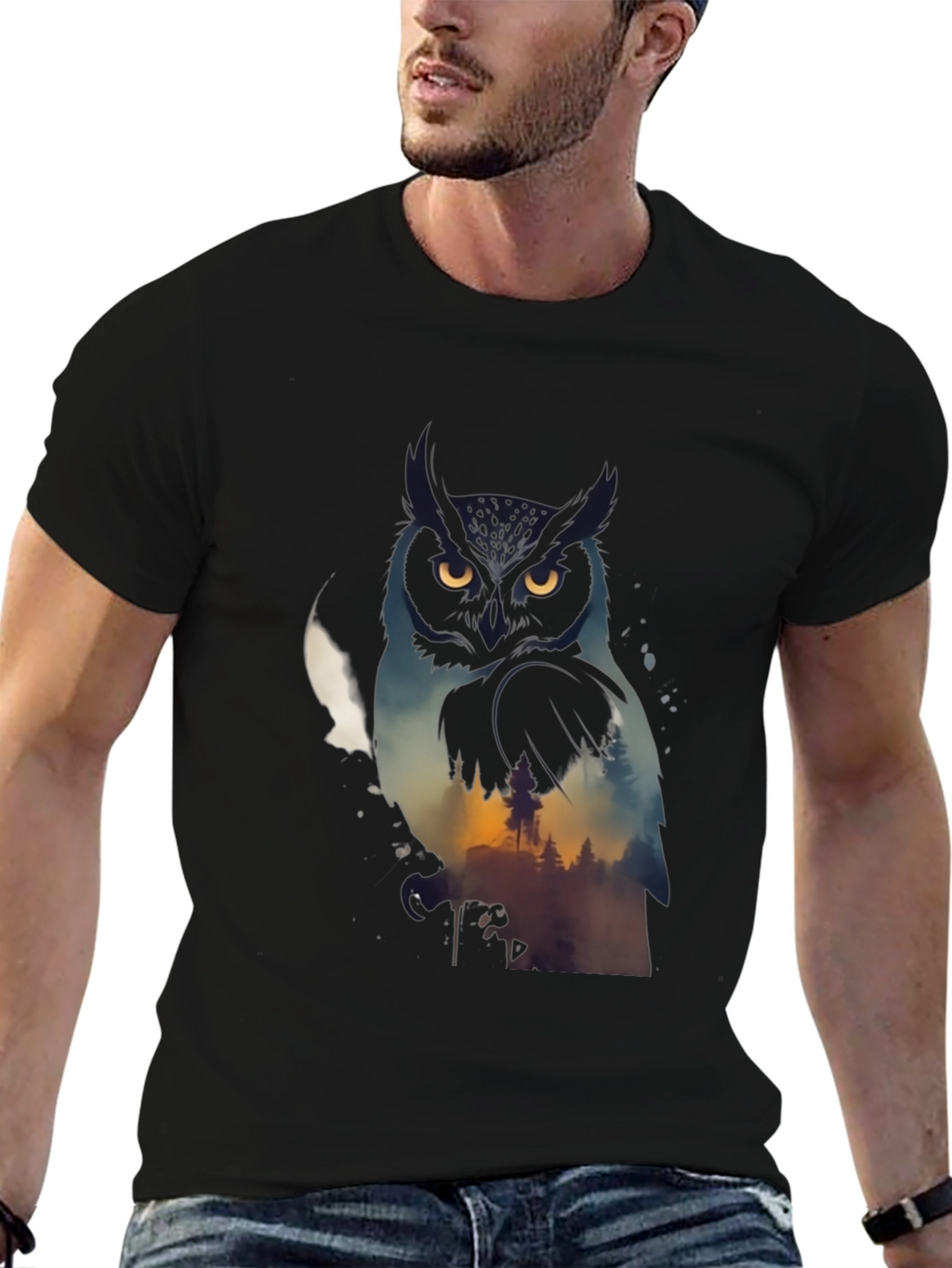 Owl & Forest Graphic Black T-Shirt