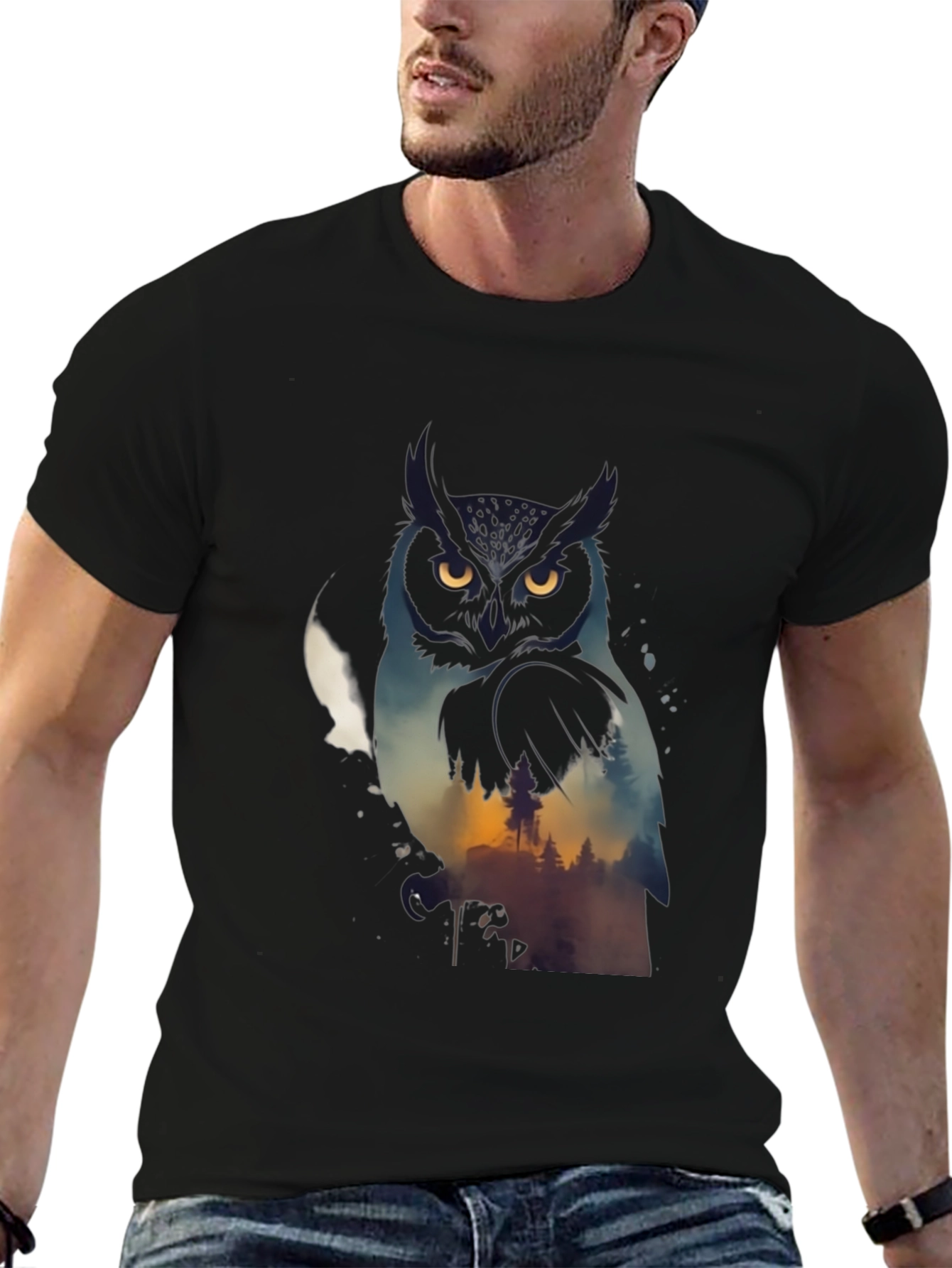 Owl & Forest Graphic Black T-Shirt