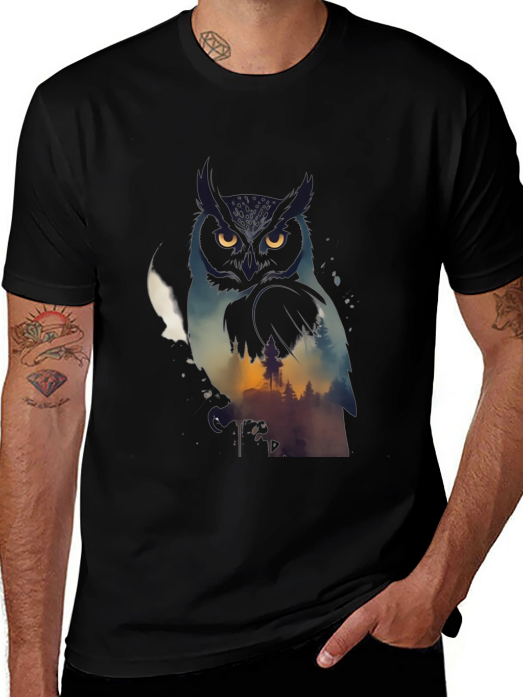 Owl & Forest Graphic Black T-Shirt