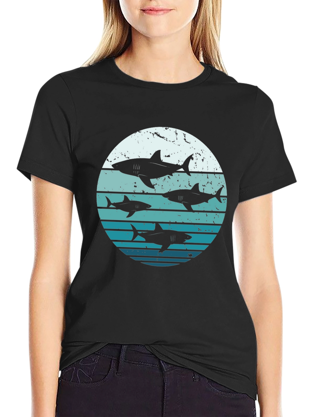Shark Sunset Graphic Tee - Black Cotton T-Shirt