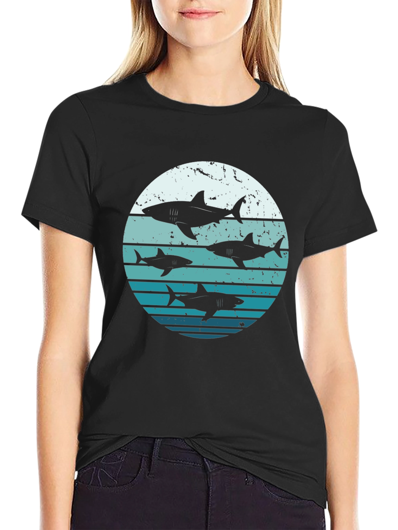Shark Sunset Graphic Tee - Black Cotton T-Shirt