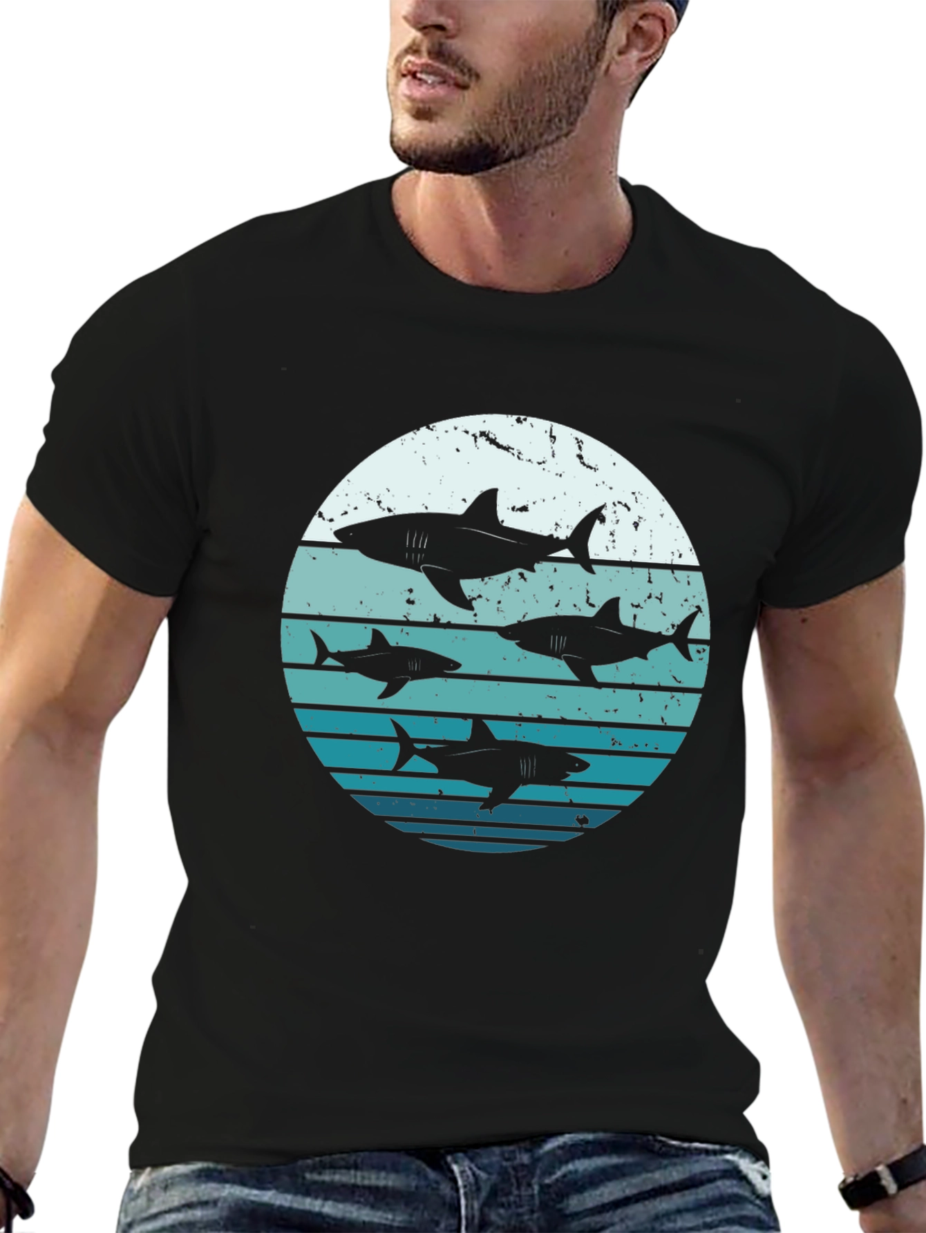 Shark Sunset Graphic Tee - Black Cotton T-Shirt