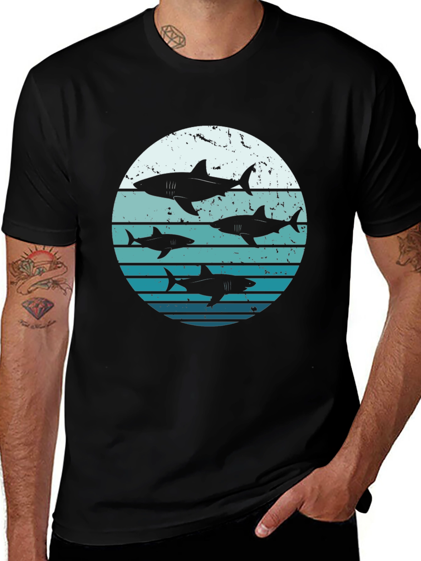 Shark Sunset Graphic Tee - Black Cotton T-Shirt