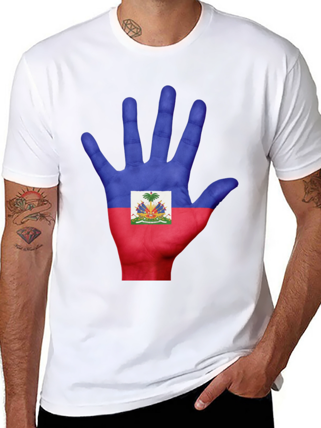 Haiti Flag Hand Print T-Shirt - Black Cotton Tee