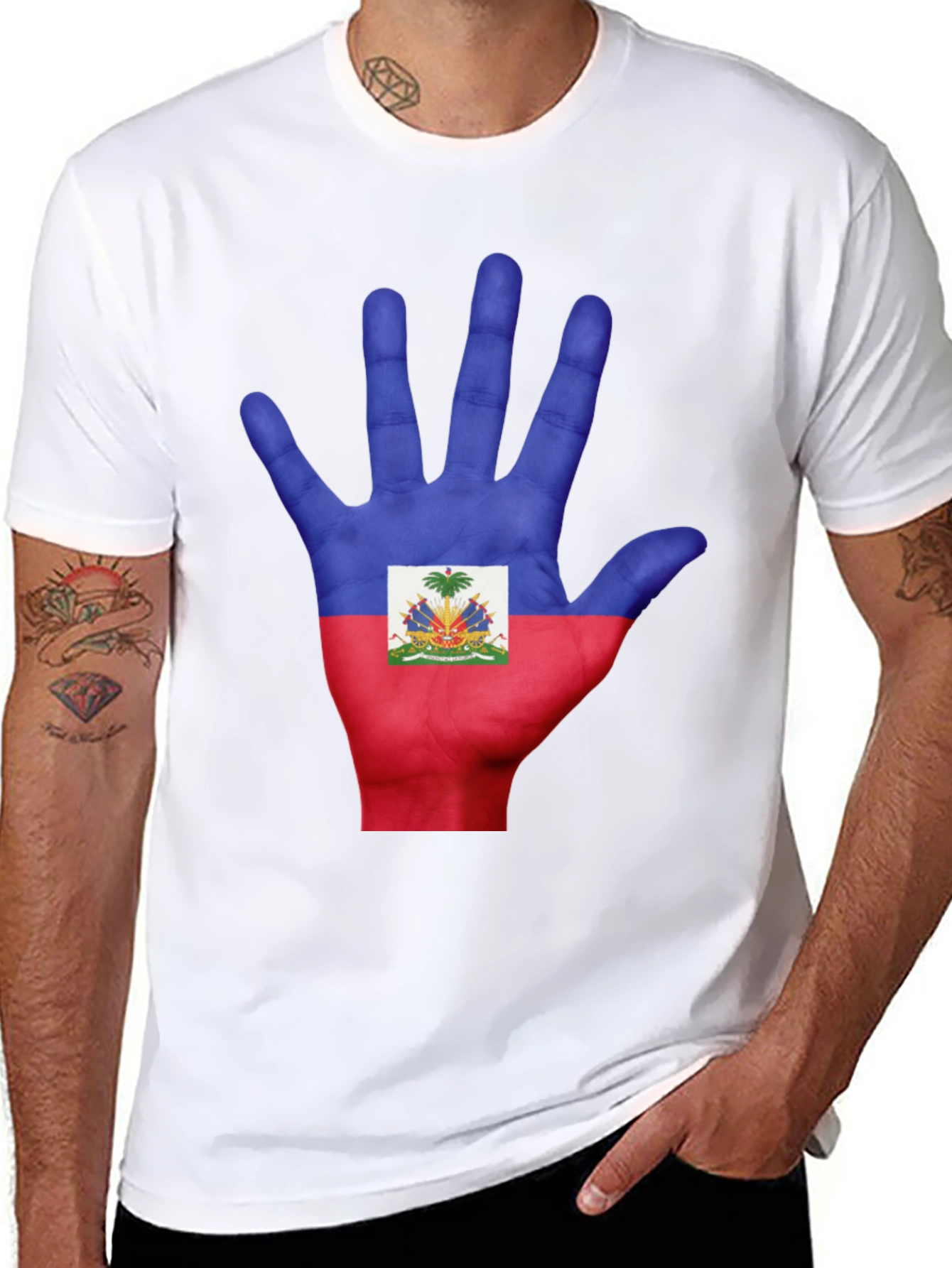 Haiti Flag Hand Print T-Shirt - Black Cotton Tee