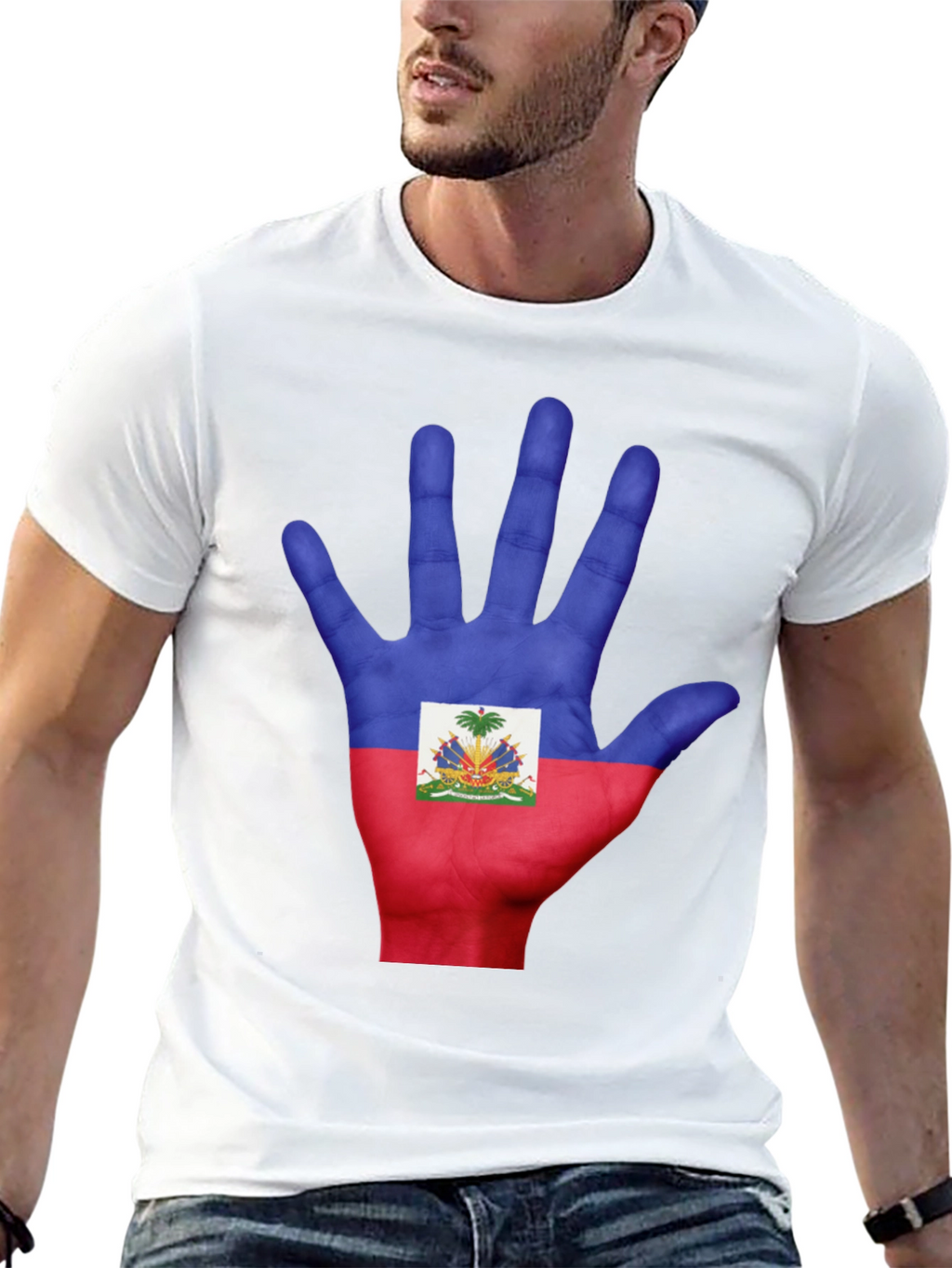 Haiti Flag Hand Print T-Shirt - Black Cotton Tee