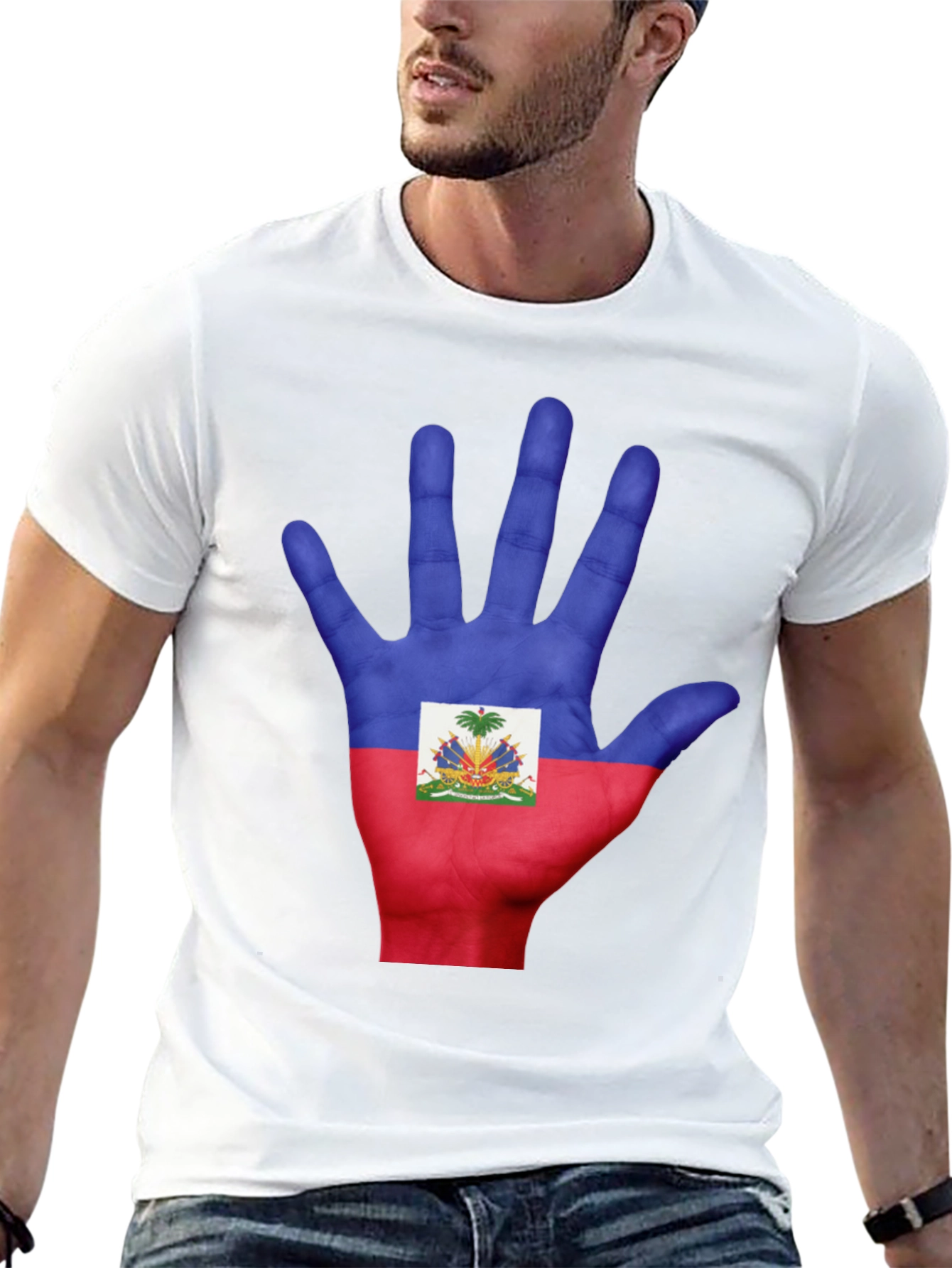 Haiti Flag Hand Print T-Shirt - Black Cotton Tee