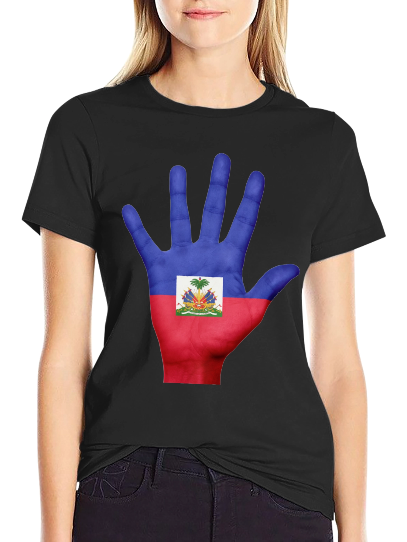 Haiti Flag Hand Print T-Shirt - Black Cotton Tee