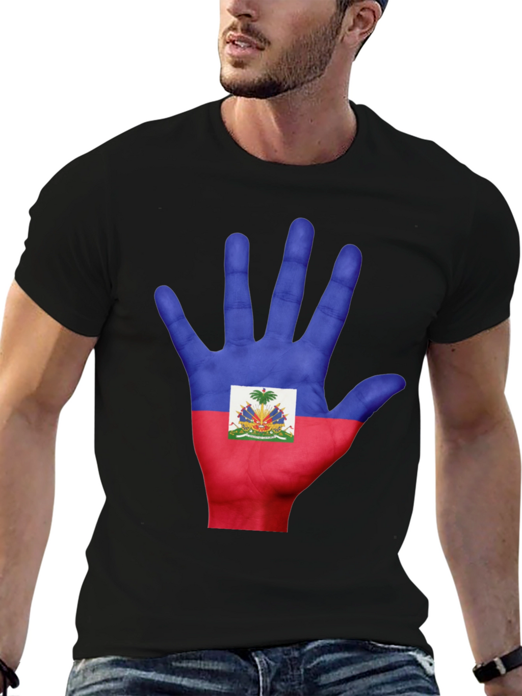 Haiti Flag Hand Print T-Shirt - Black Cotton Tee