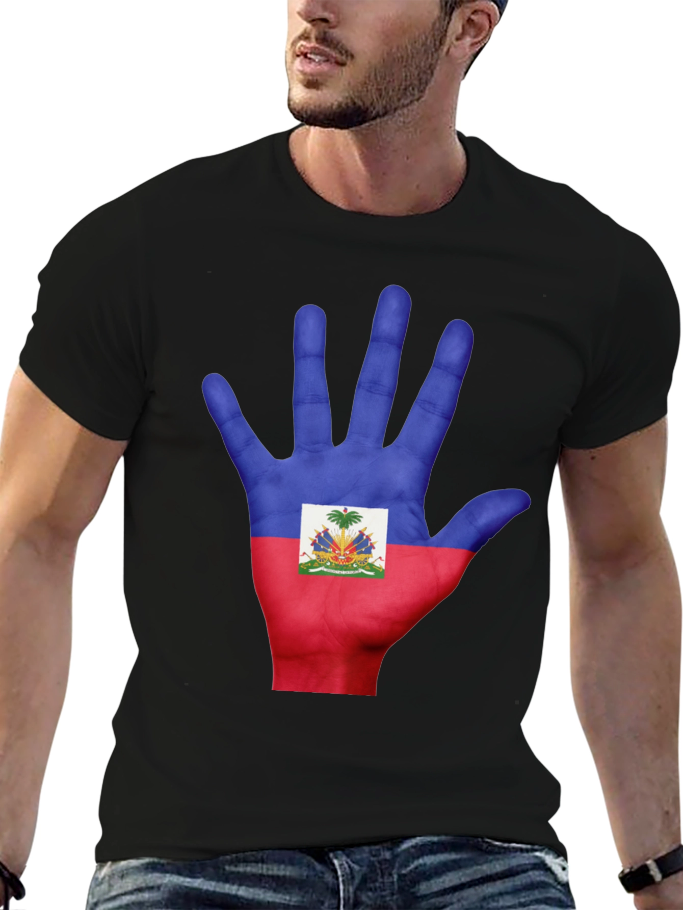 Haiti Flag Hand Print T-Shirt - Black Cotton Tee