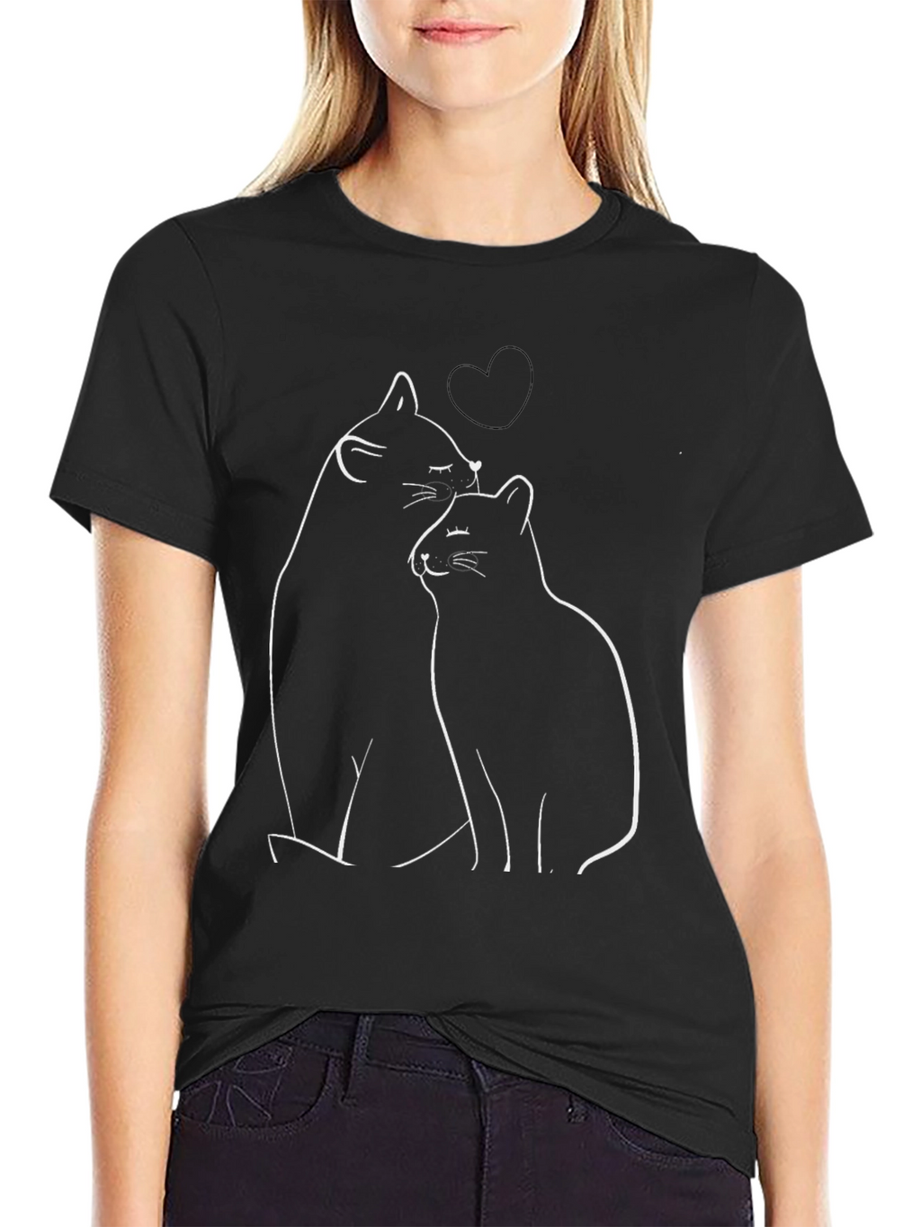 Cute Cats Heart T-Shirt - Black Casual Comfort